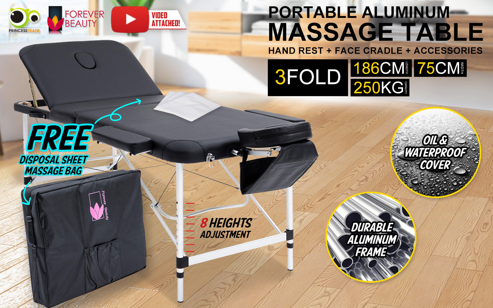 Lightweight Aluminium 3-Fold Massage Table with Accessories Forever Beauty