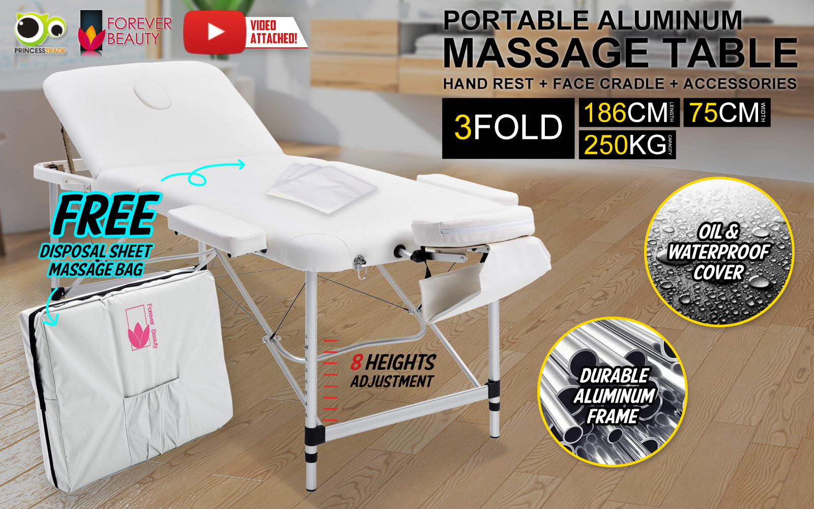 Adjustable Aluminium Massage Table Bed 3 Fold 75cm White