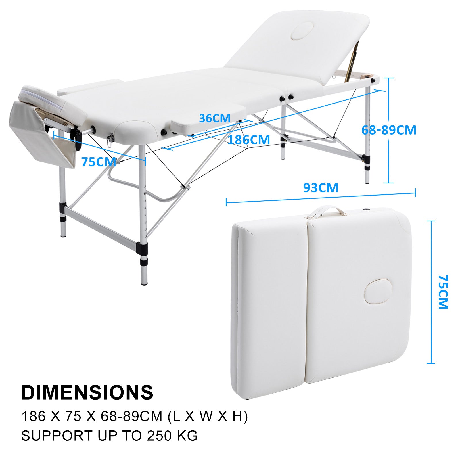 Adjustable Aluminium Massage Table Bed 3 Fold 75cm White