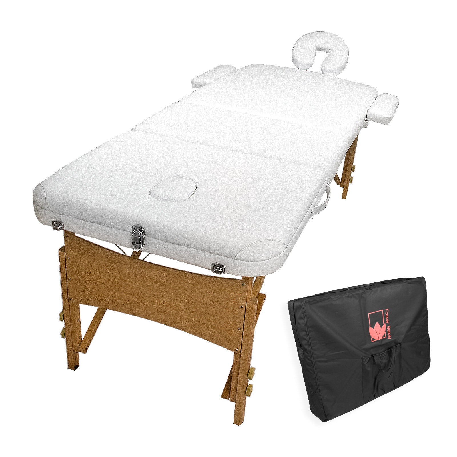 Wide 3-Fold Wooden Portable Massage Table Bed, Adjustable Height - Forever Beauty