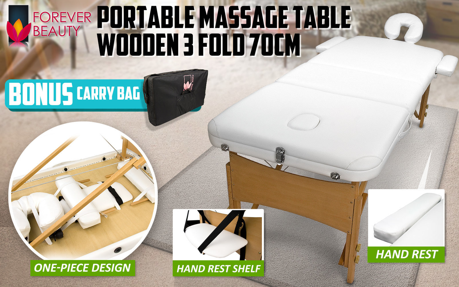 Wide 3-Fold Wooden Portable Massage Table Bed, Adjustable Height - Forever Beauty