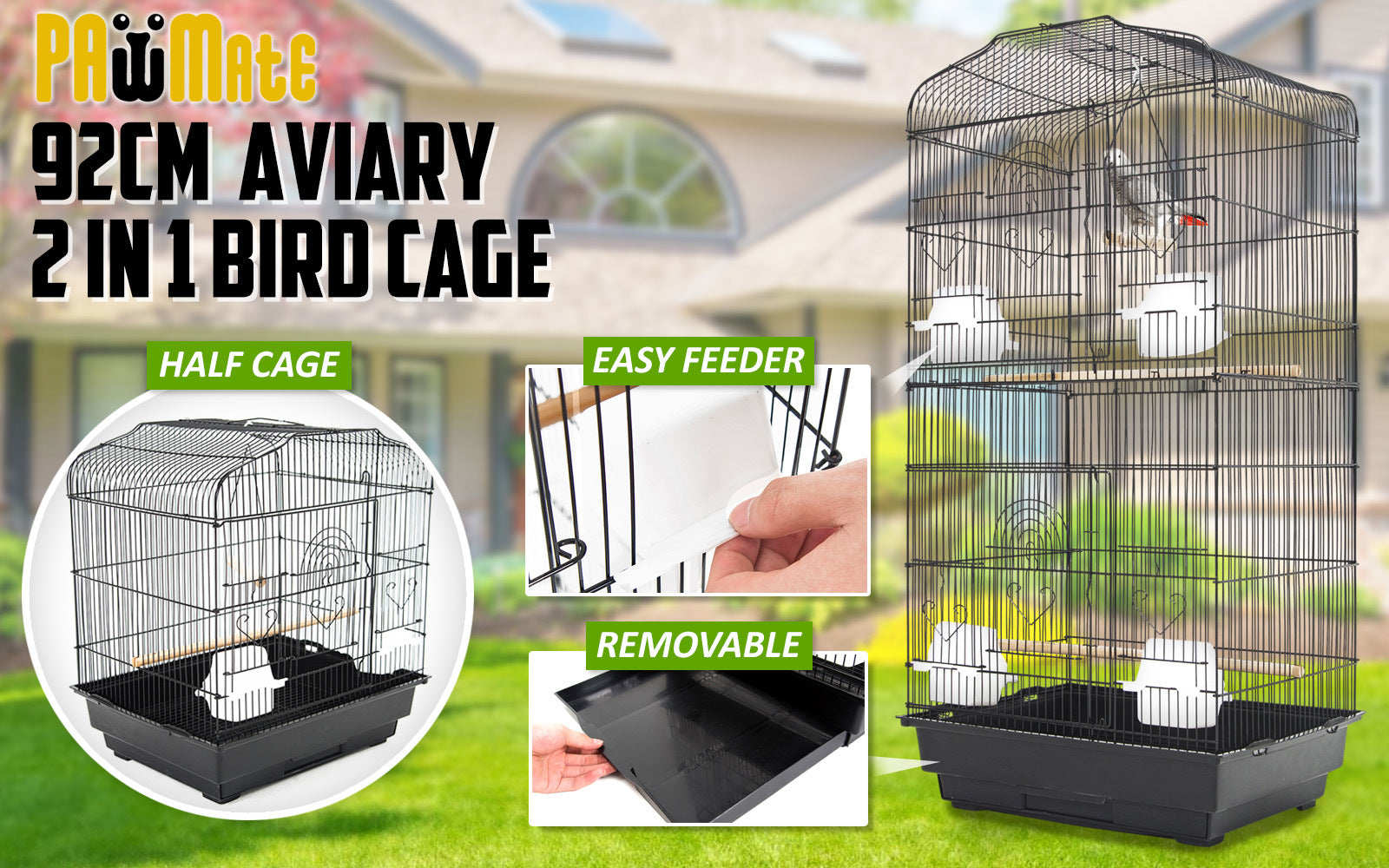 Durable Wrought Iron Bird Cage Parrot Aviary 92cm - Paw Mate