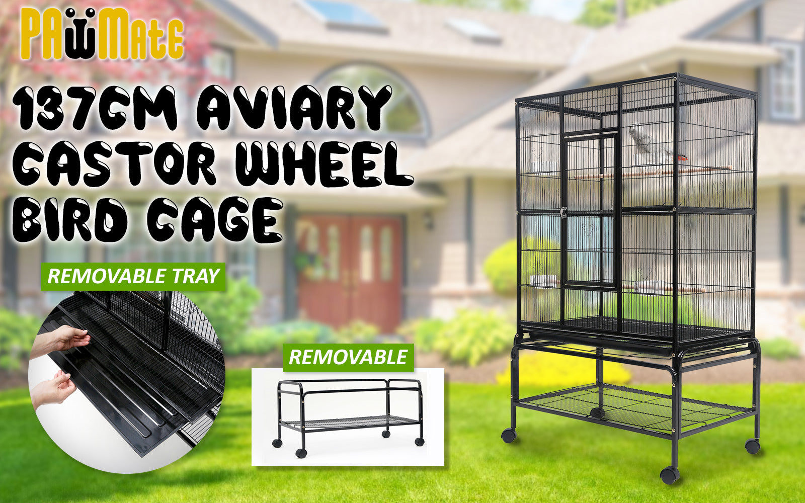 Heavy-Duty Wrought Iron Parrot Aviary Bird Cage with Wheels - Paw Mate