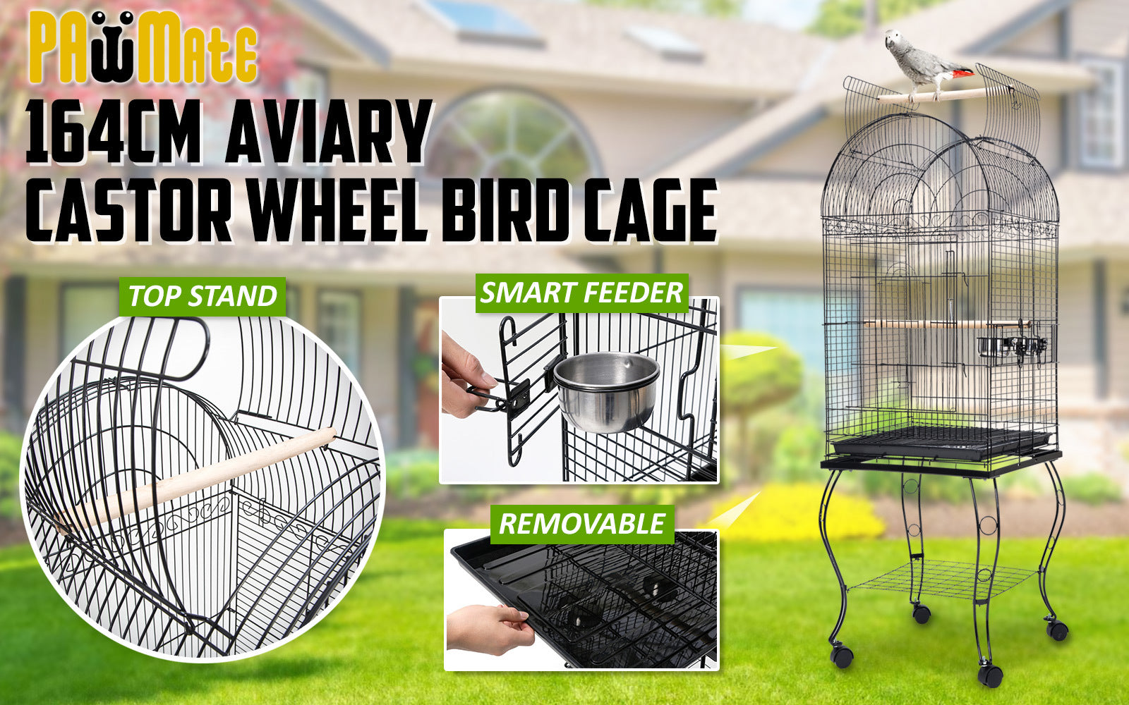 Durable Wrought Iron Bird Cage 164cm with Wheels Paw Mate