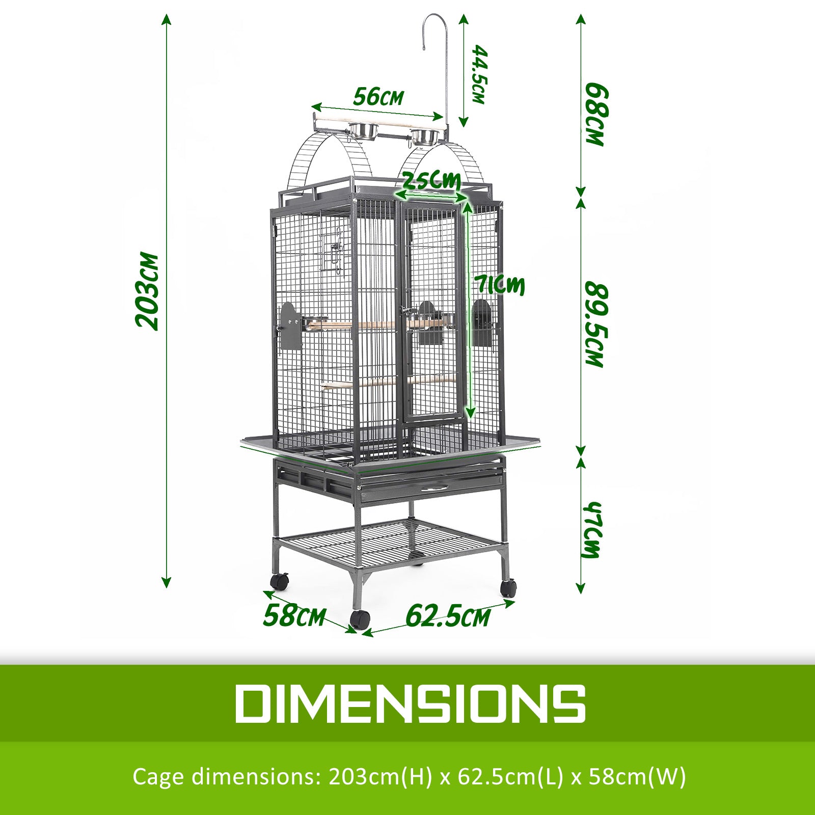 Heavy Duty Wrought Iron Bird Cage with Wheels, 203cm - Paw Mate