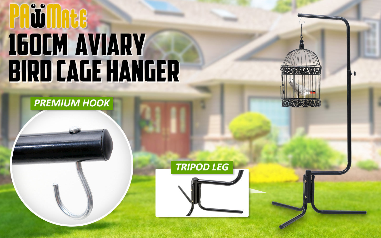 160cm Bird Cage Stand, Iron Frame, Black - Paw Mate