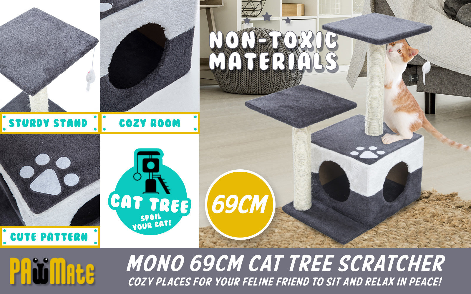 Multi-Level Cat Tree, Scratcher, Plush Cover, 69cm – Paw Mate