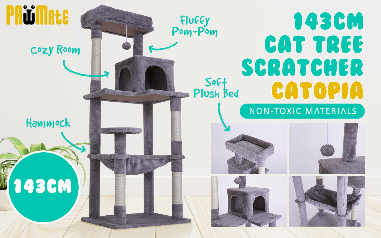 Multi-Level Cat Tree 143cm, Sisal Scratcher, Condo, Hammock - Paw Mate