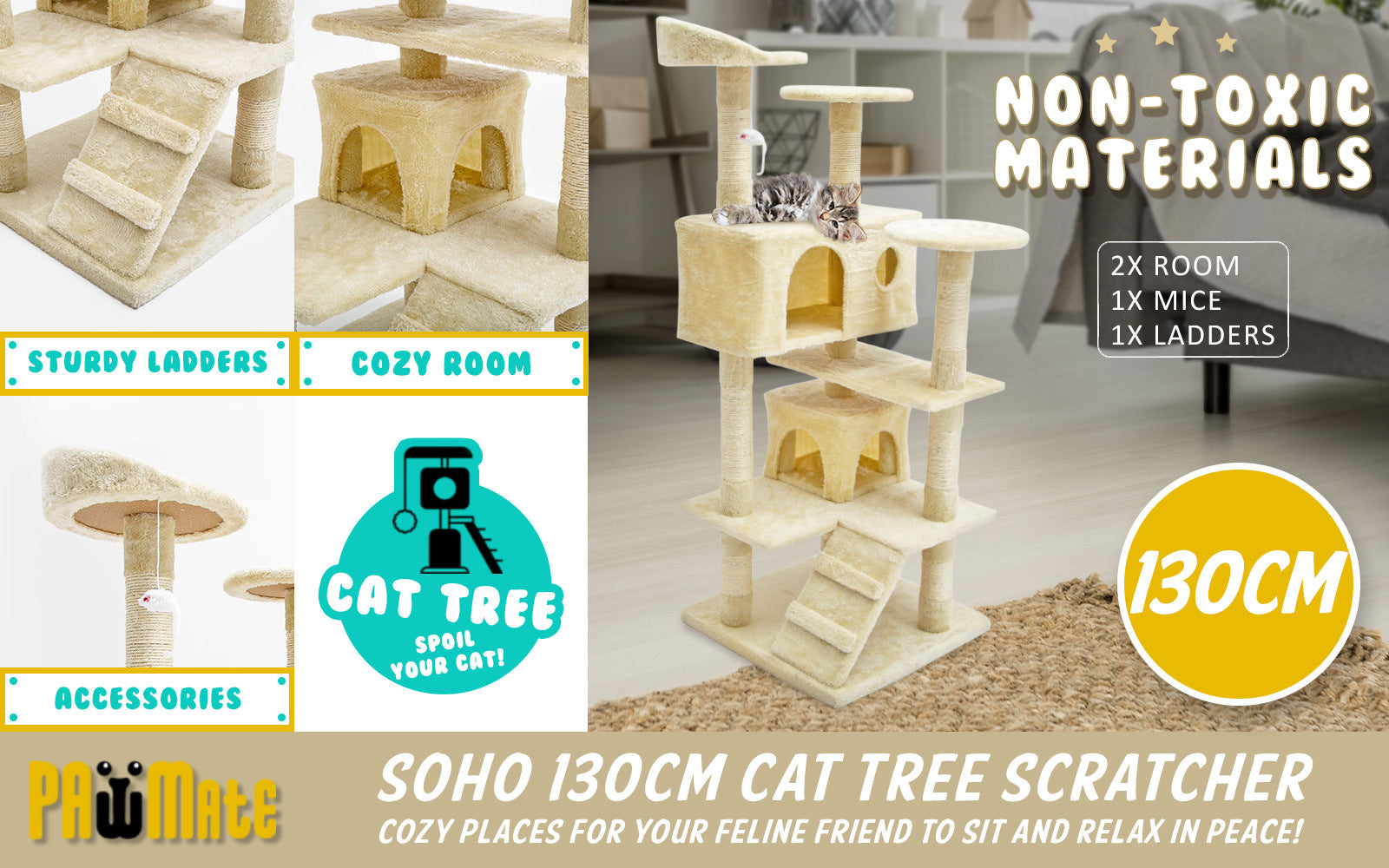 Multi-Level 130cm Cat Tree Scratcher with Plush Platforms