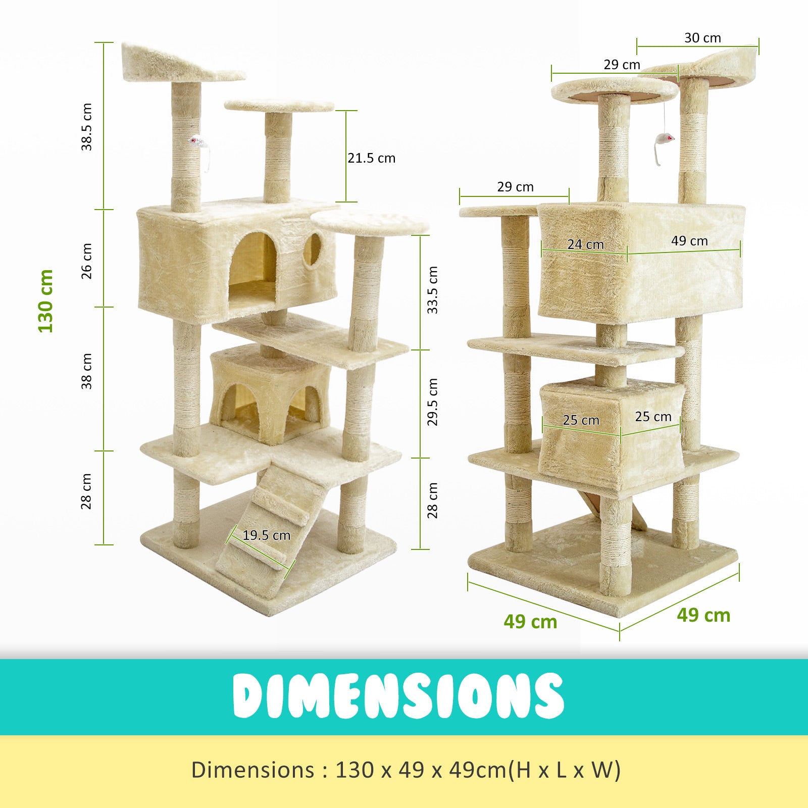 Multi-Level 130cm Cat Tree Scratcher with Plush Platforms