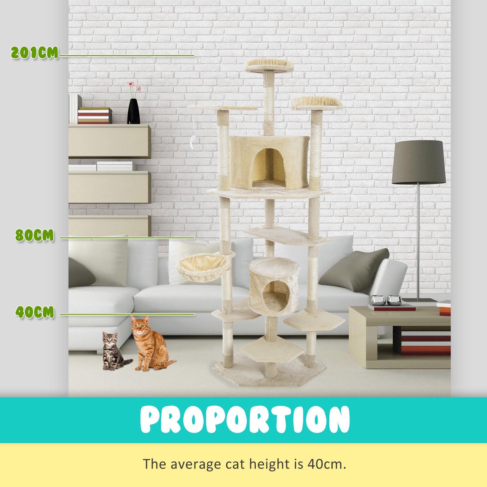 Multi-Level Cat Tree with Scratching Posts, 201cm - Paw Mate