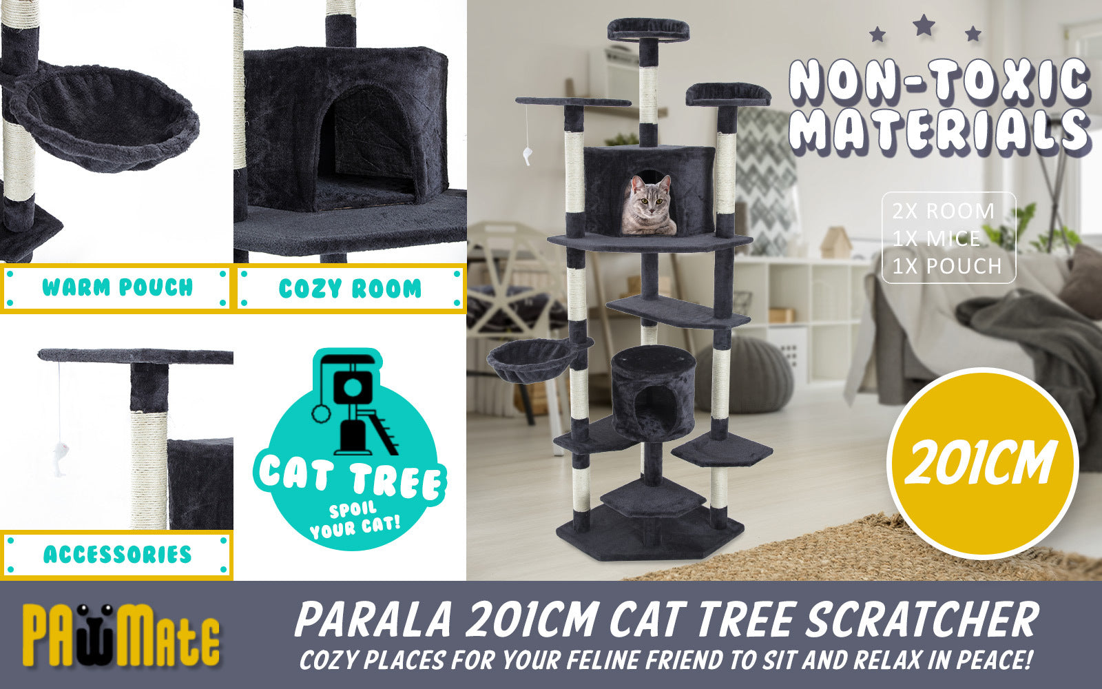 201cm Multi-Level Cat Tree Scratcher, Grey - Paw Mate