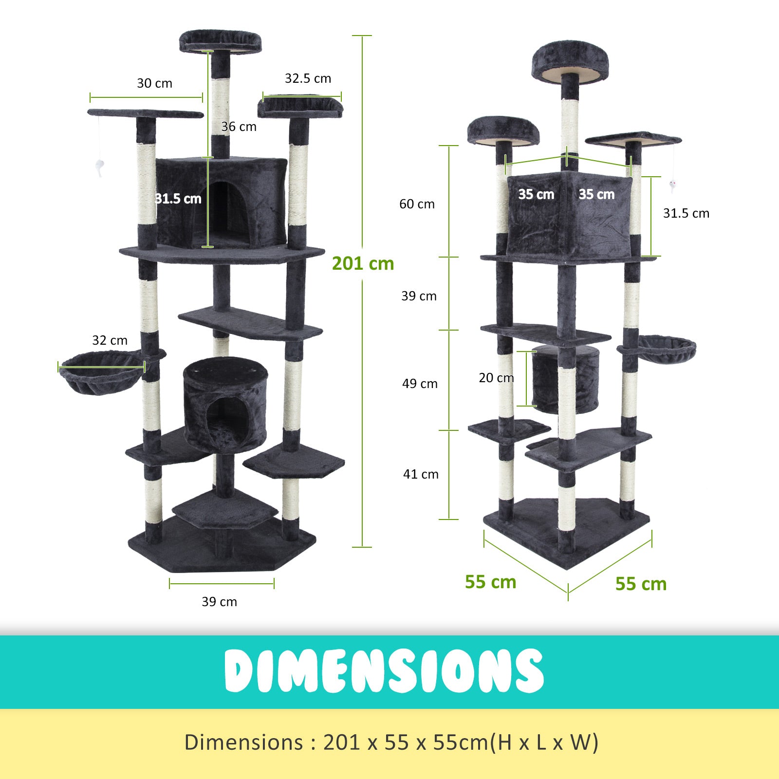 201cm Multi-Level Cat Tree Scratcher, Grey - Paw Mate