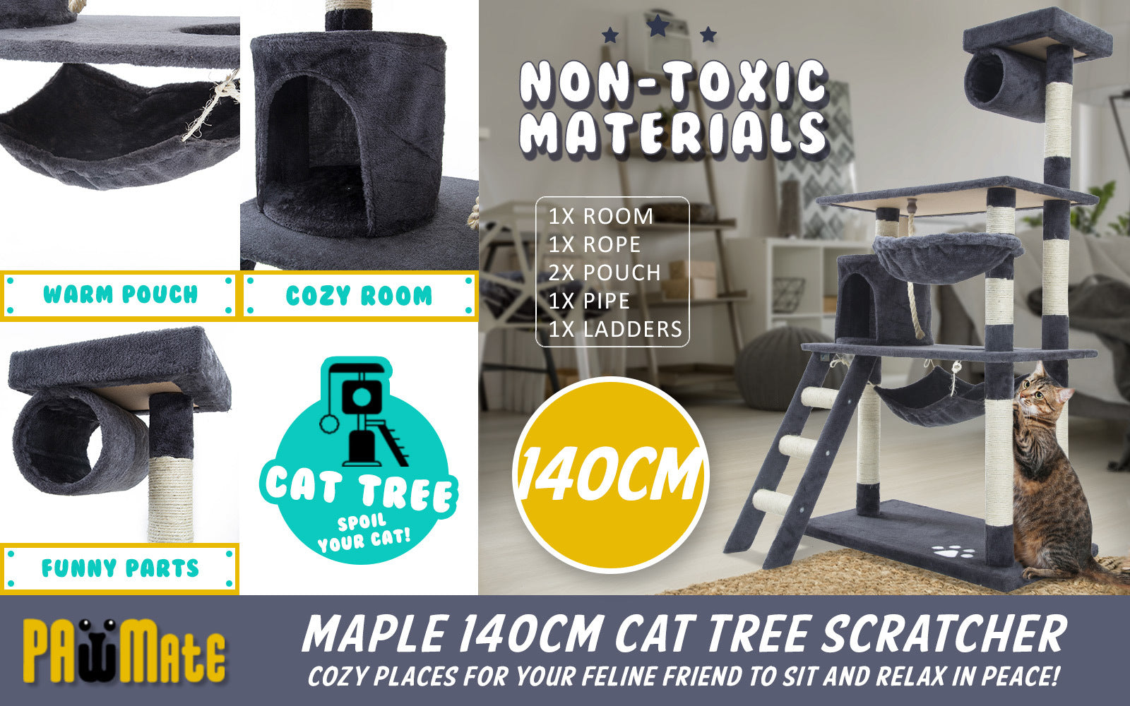 Multi-Level Cat Tree, 140cm with Scratcher, Ladder - Paw Mate