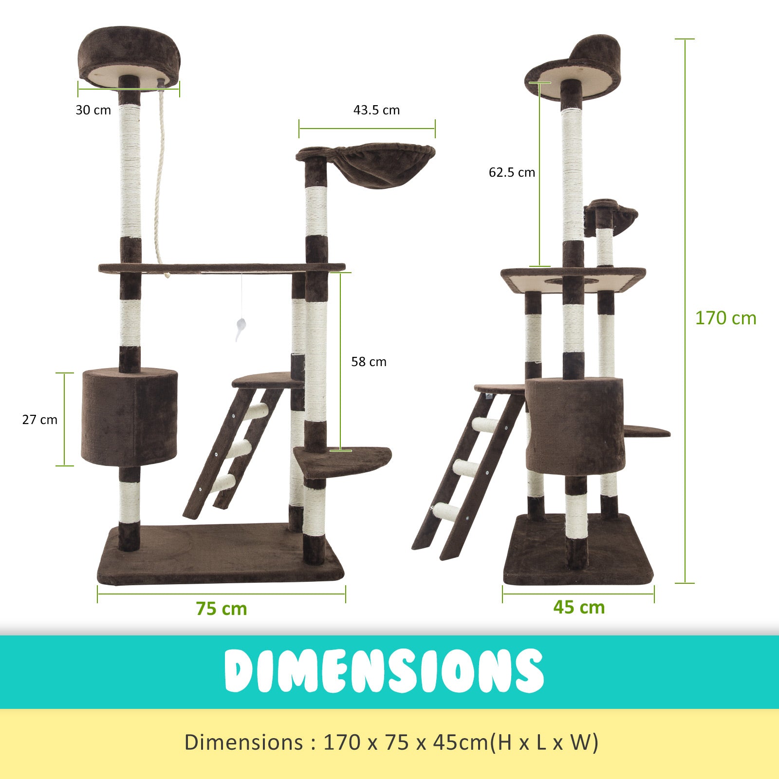 Multi-Level 170cm Cat Tree Scratcher w/ Platforms - Paw Mate