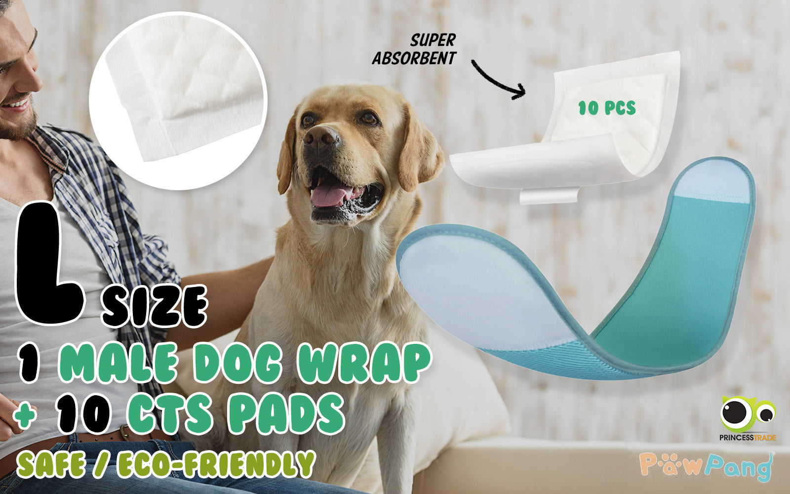 Reusable L Male Dog Wrap + 10 Absorbent Diaper Pads Set