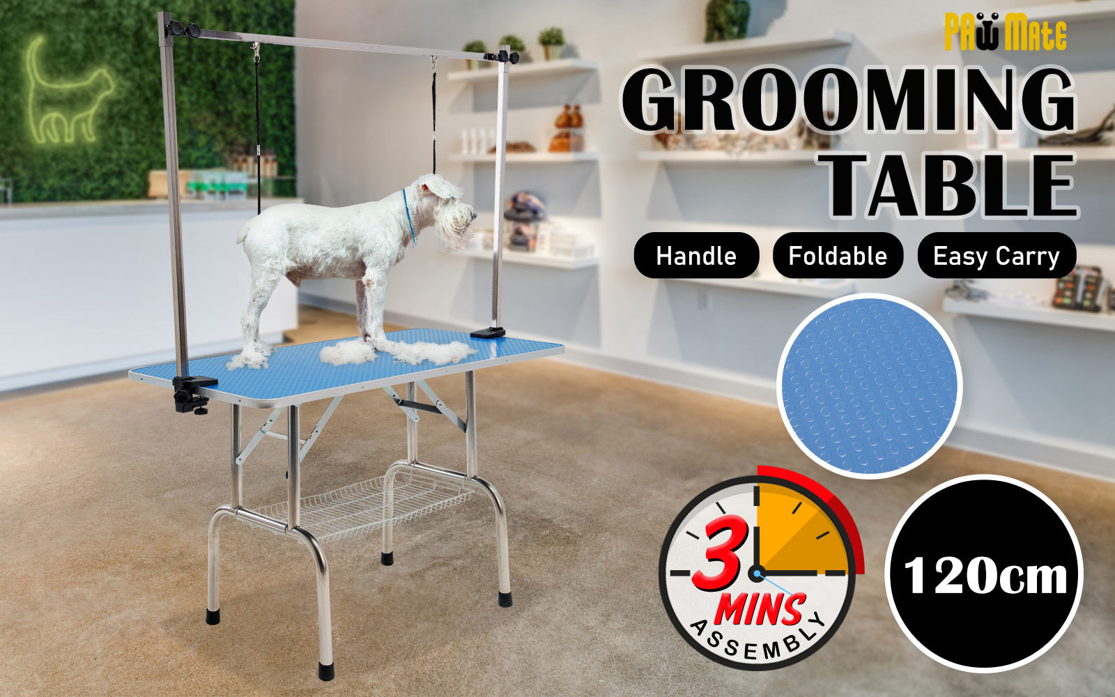 Adjustable Blue Pet Grooming Table, Non-Slip, Stainless Steel - Paw Mate