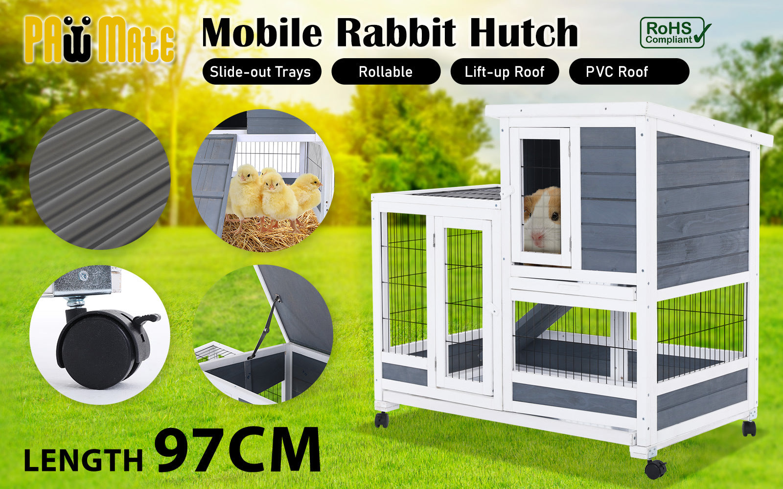 Durable 2-Storey Rabbit Hutch with Wheels, Ramp & PVC Roof, Paw Mate