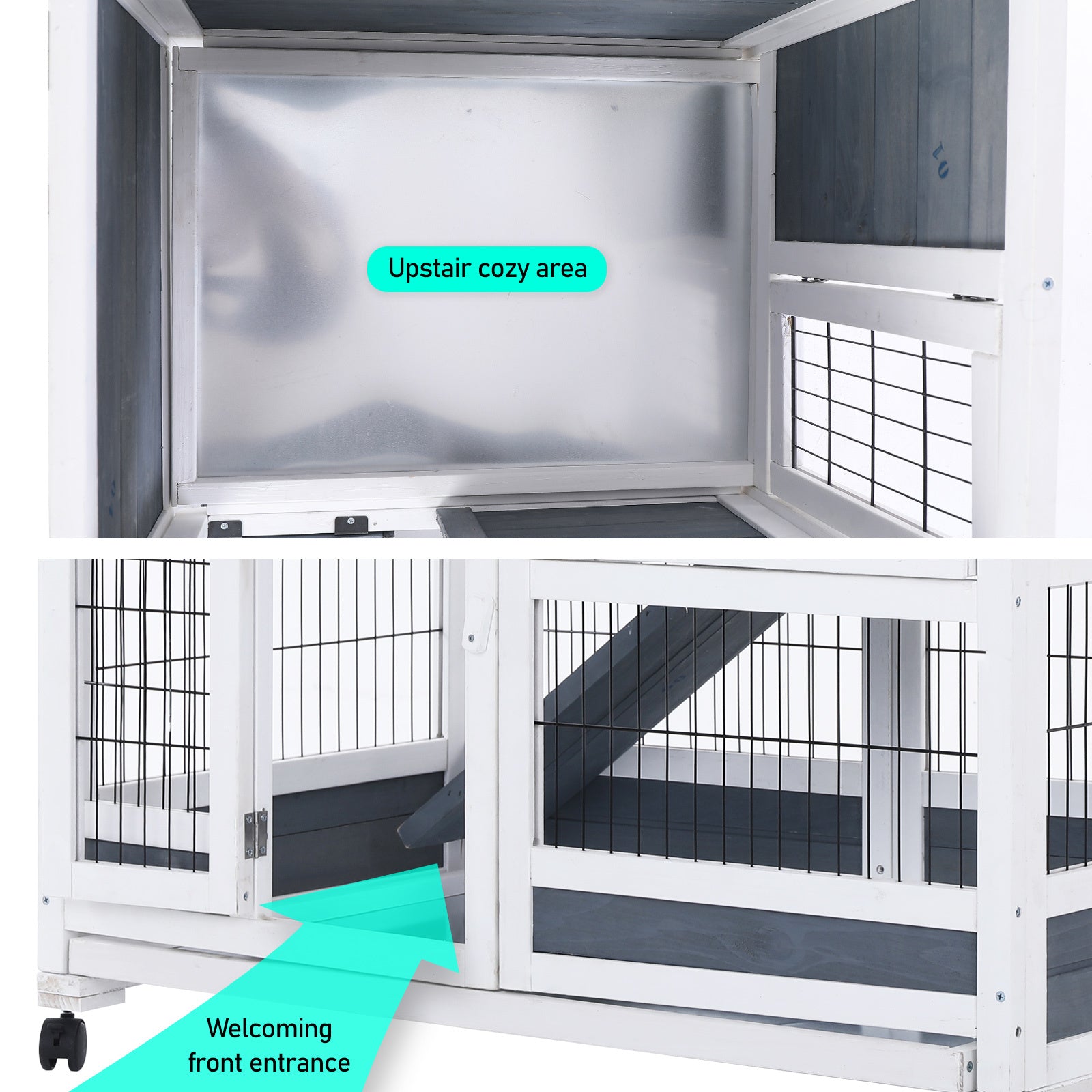 Durable 2-Storey Rabbit Hutch with Wheels, Ramp & PVC Roof, Paw Mate