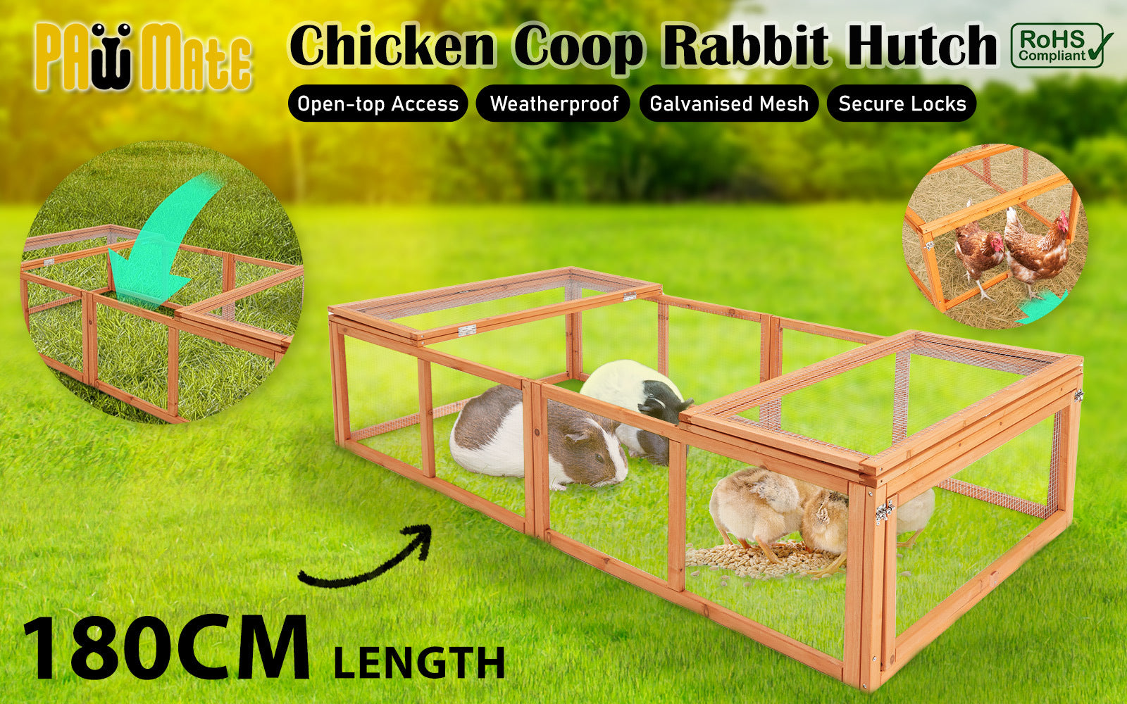 Non-Toxic Chicken Coop Rabbit Hutch Extension, 180x90x48cm, PawMate