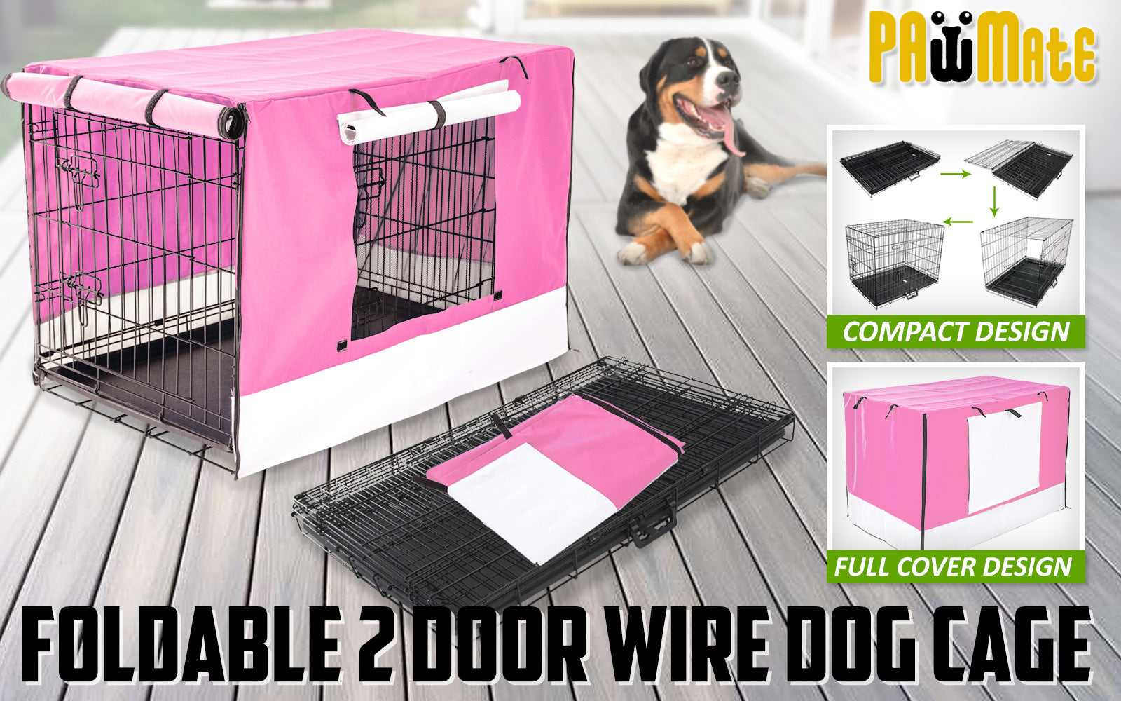 Durable Foldable Wire Dog Crate with Tray & Pink Cover 24in - Paw Mate