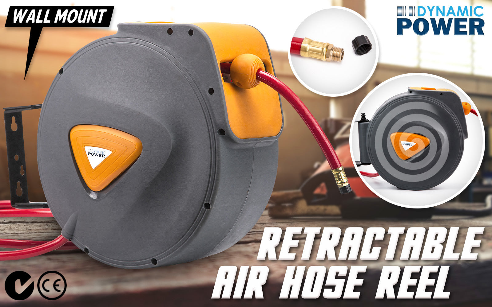 Heavy Duty 30m Retractable Air Hose Reel, 180° Swivel - Dynamic Power