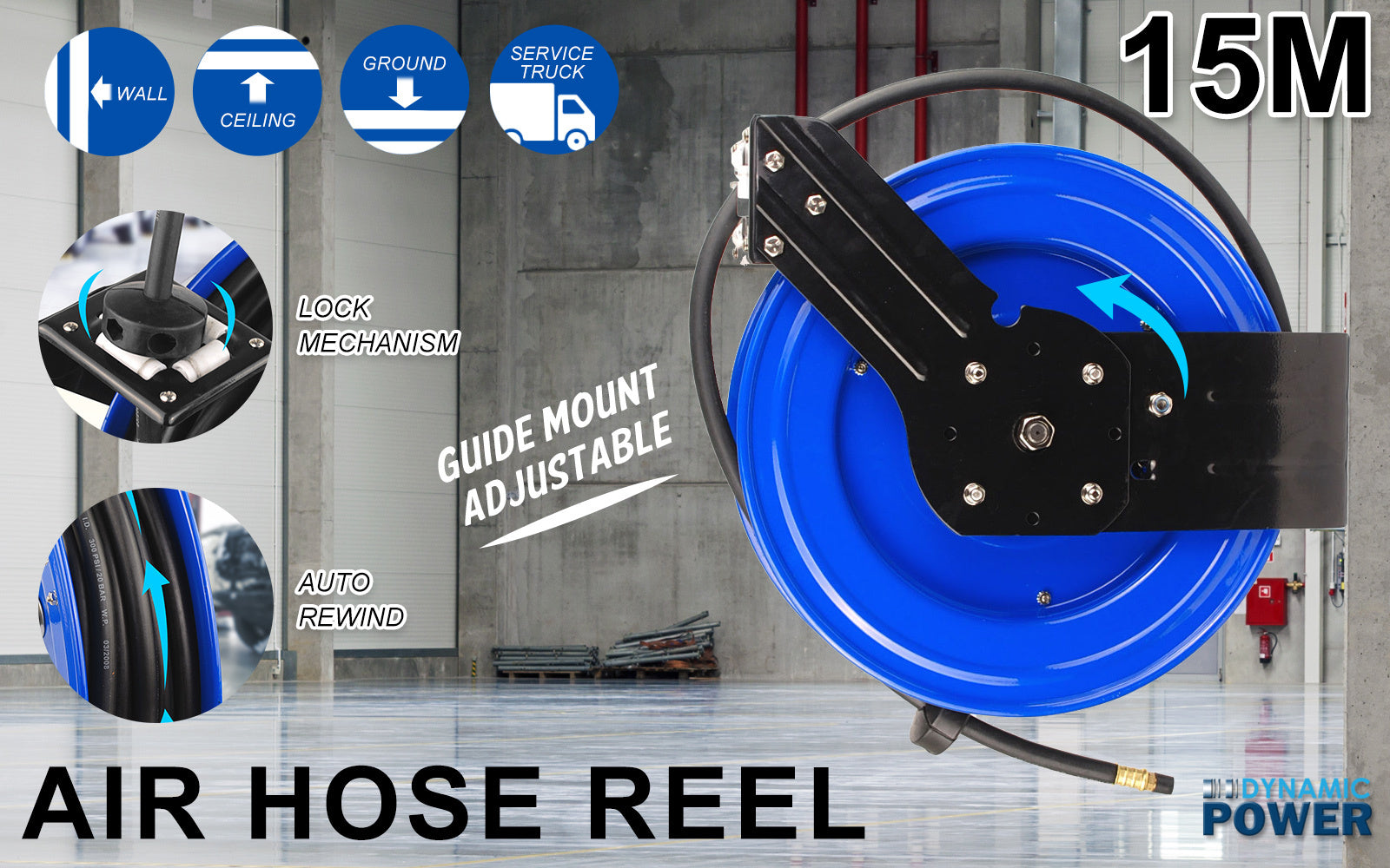 Retractable 15m Air Hose Reel 300PSI Heavy-Duty Steel