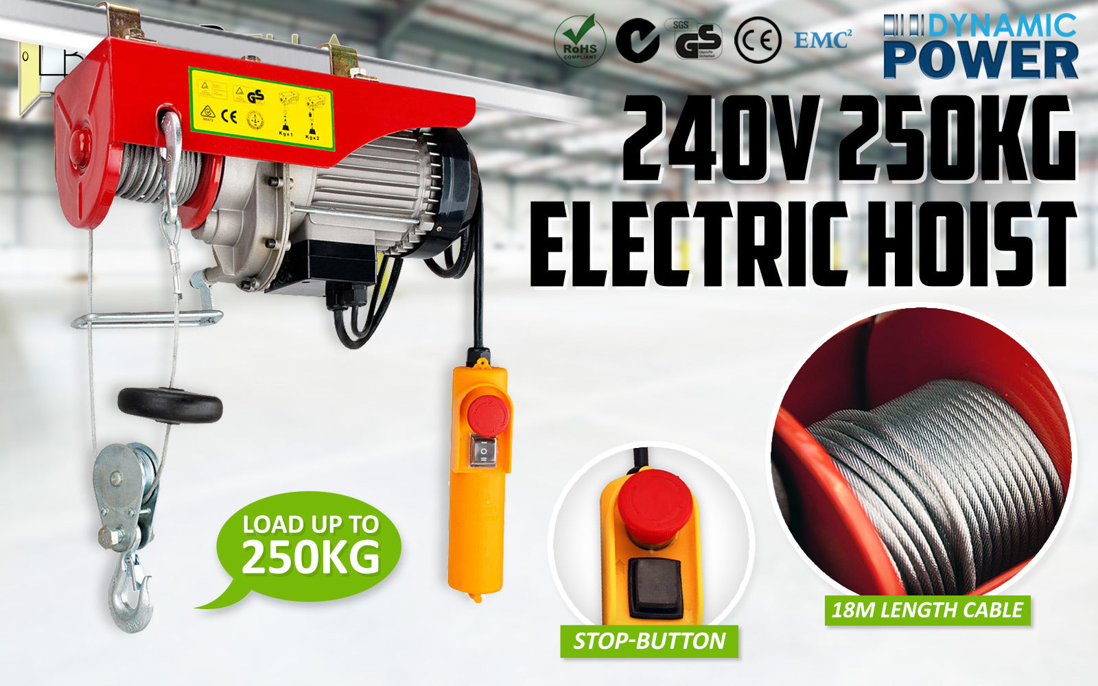 18m Electric Hoist Remote Chain Lift 250KG 510W 240V