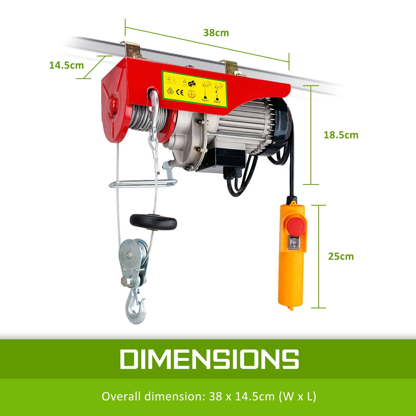 500kg Electric Hoist with Remote, Single-Phase, 240V