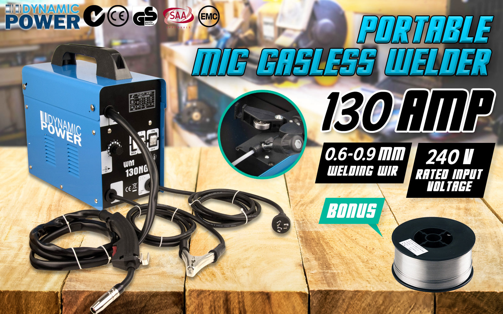 Portable 130Amp MIG Gasless Welder + Wire, 4-Step Control