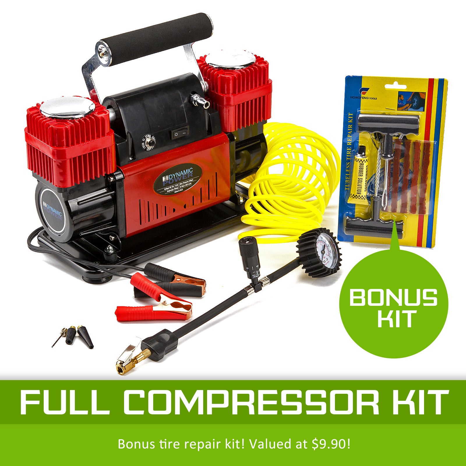 Heavy Duty 12V Car Air Compressor 300L/MIN with Repair Kit - Dynamic Power