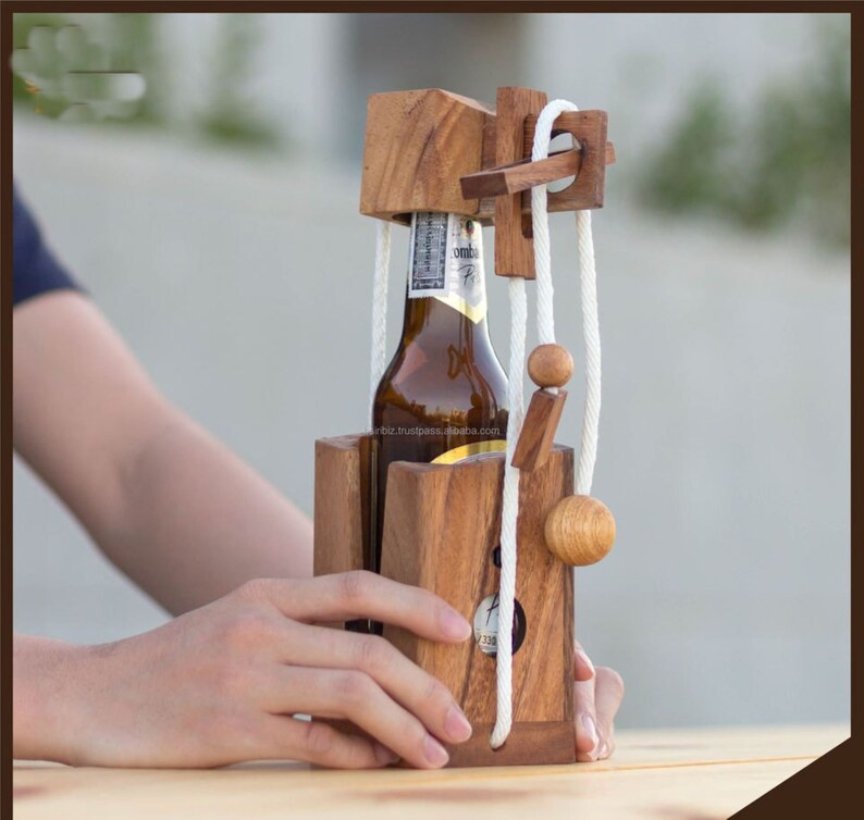 Ingenious Wooden Beer Bottle Lock Puzzle Party Gift