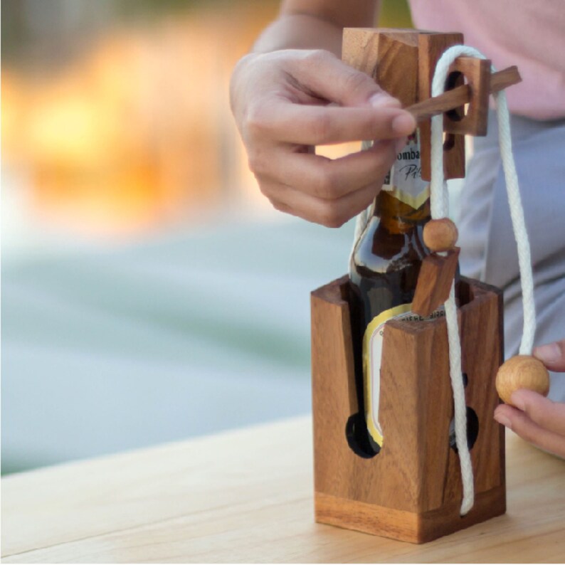 Ingenious Wooden Beer Bottle Lock Puzzle Party Gift