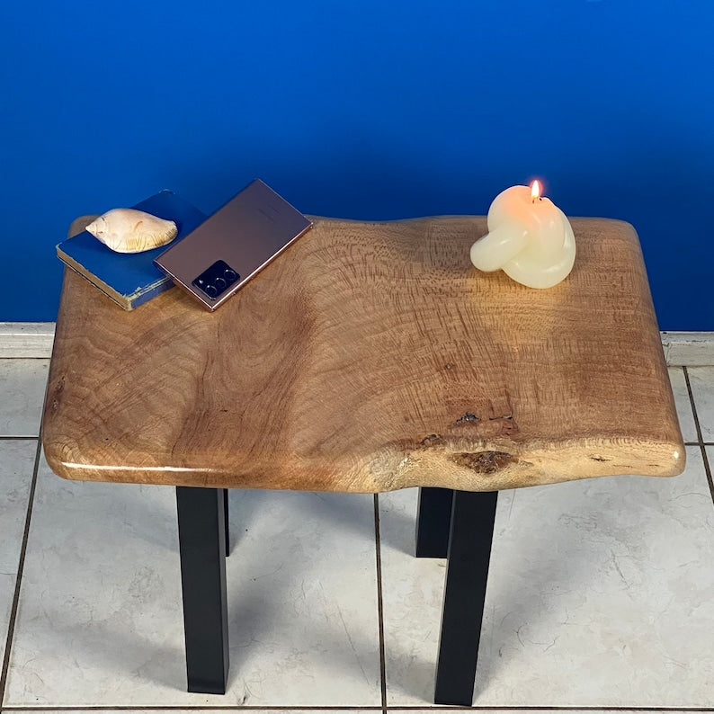 Handcrafted Live Edge Silky Oak Side Table, Varnished