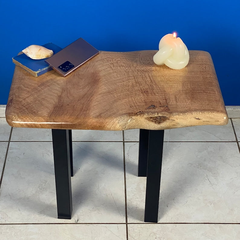 Handcrafted Live Edge Silky Oak Side Table, Varnished