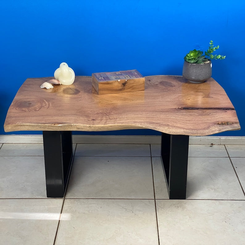 Handmade Silky Oak Coffee Side Table, Black Metal Legs