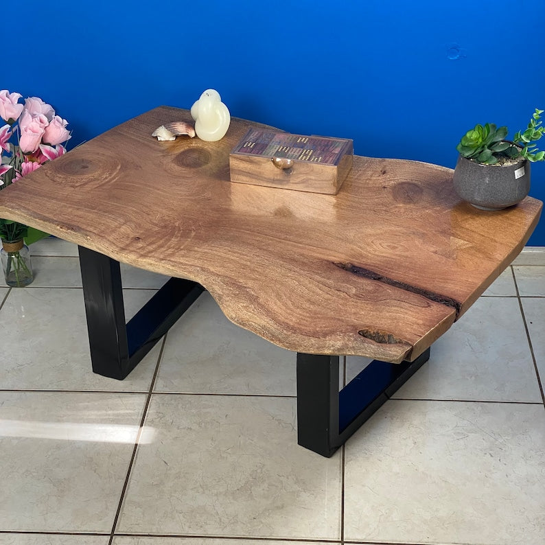 Handmade Silky Oak Coffee Side Table, Black Metal Legs