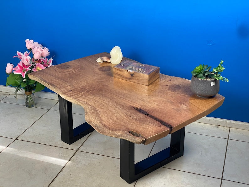 Handmade Silky Oak Coffee Side Table, Black Metal Legs