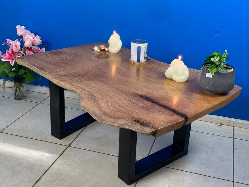 Handmade Silky Oak Coffee Side Table, Black Metal Legs