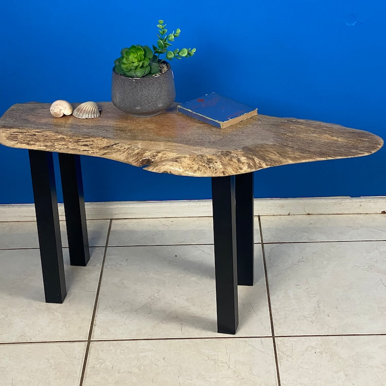 Handcrafted Silky Oak Coffee Side Table, Black Metal Legs