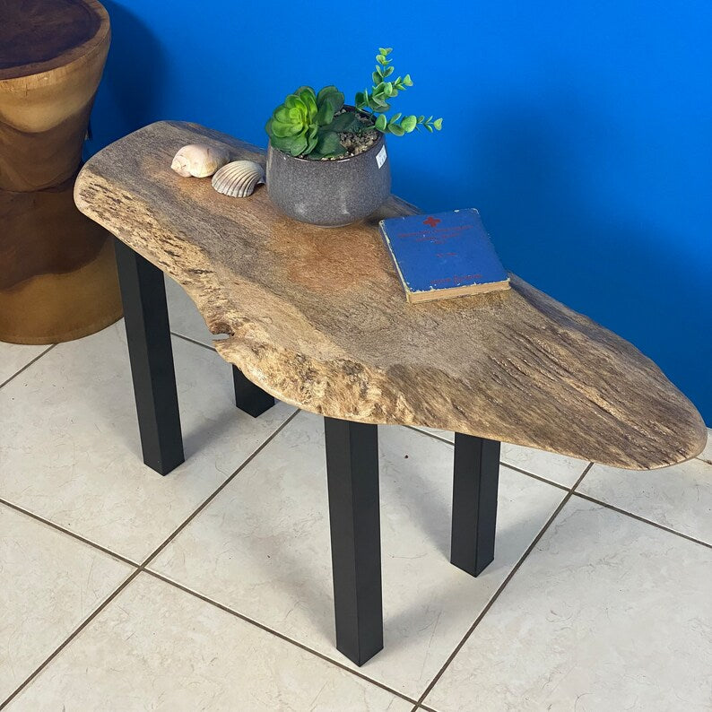 Handcrafted Silky Oak Coffee Side Table, Black Metal Legs