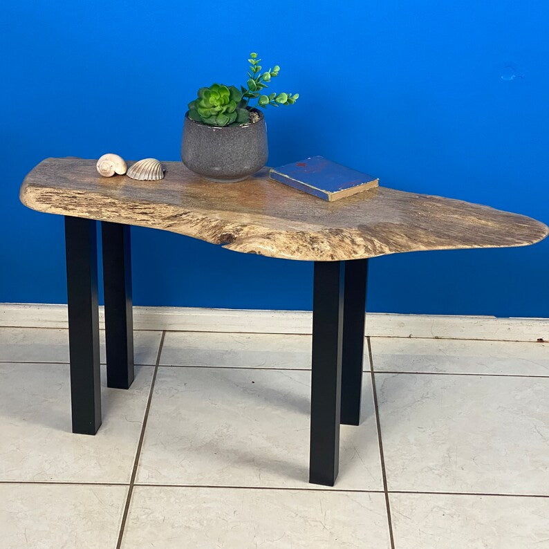 Handcrafted Silky Oak Coffee Side Table, Black Metal Legs