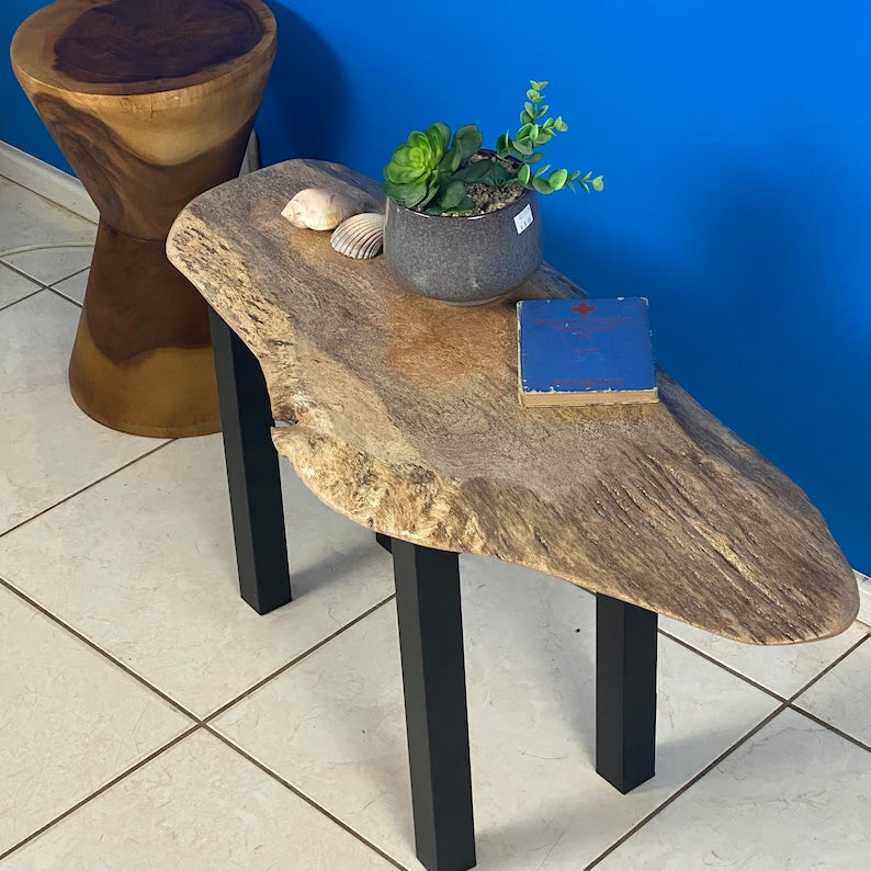 Handcrafted Silky Oak Coffee Side Table, Black Metal Legs