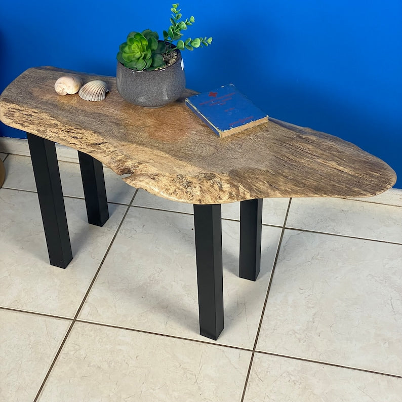 Handcrafted Silky Oak Coffee Side Table, Black Metal Legs