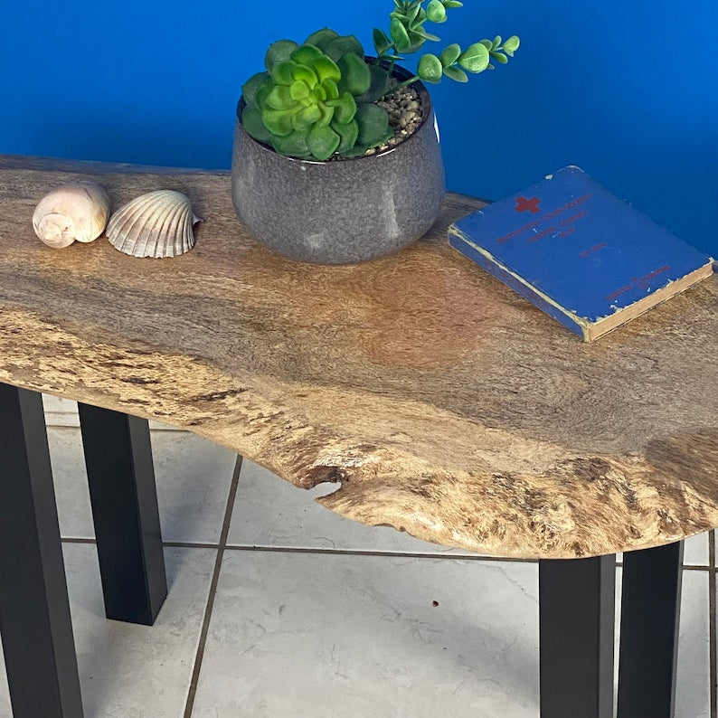 Handcrafted Silky Oak Coffee Side Table, Black Metal Legs