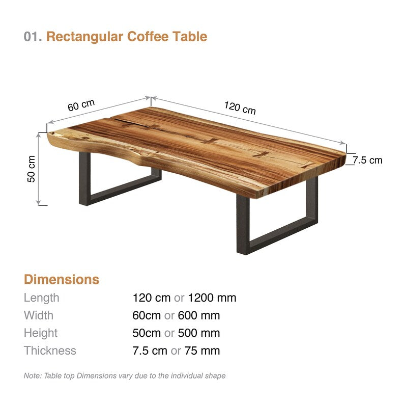 Hand Carved Acacia Coffee Table - Solid Wood, Metal Legs