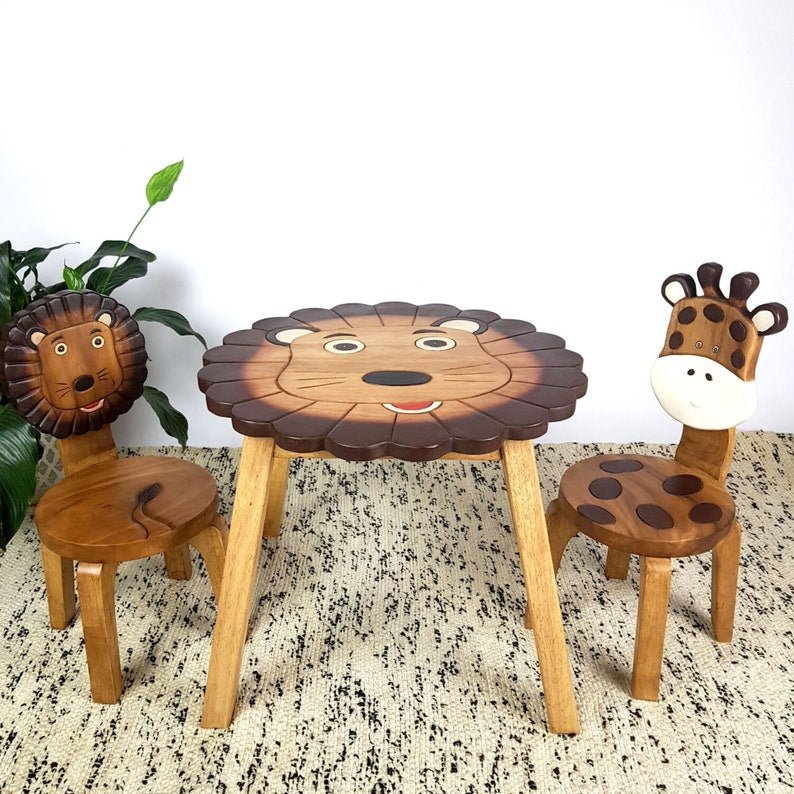 Hand-Carved Wooden Lion Themed Children's Table