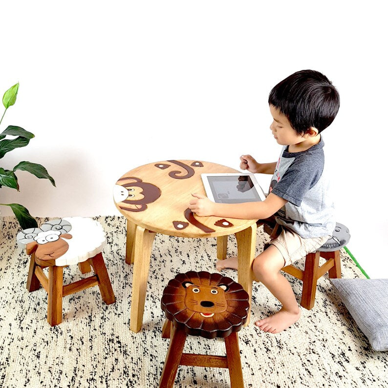 Hand Carved Wooden Monkey Kid's Table, Non-Toxic, Solid Wood