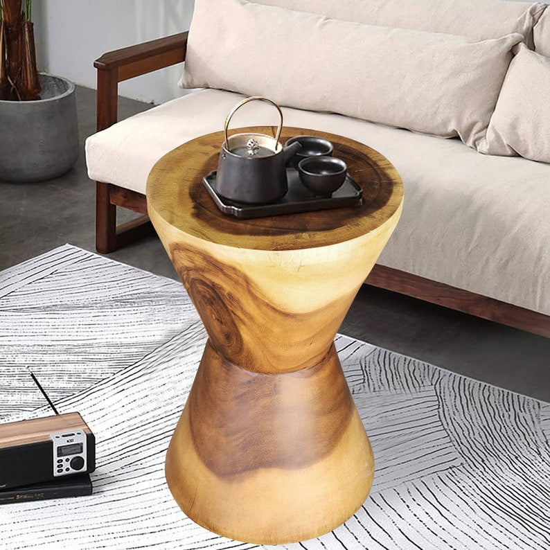 Hourglass Shaped Raintree Wood Side Table – Eco-Friendly