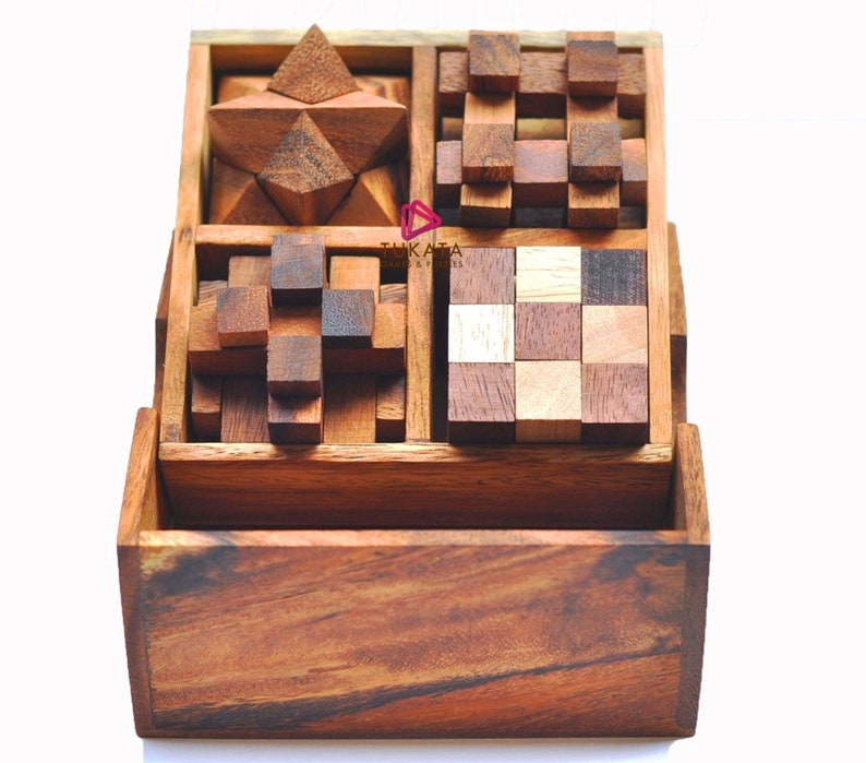 Wooden Brainteaser Puzzles Gift Set, 4 Pieces, Various Difficulty